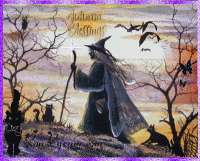 FoLk Art HaLloWeeN Witch Walking Cat OWL Trees Full Moon PRINT  