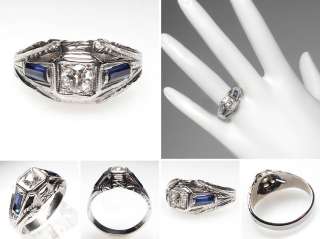 Art Deco Antique Diamond & Sapphire Engagement Ring Solid 18k White 