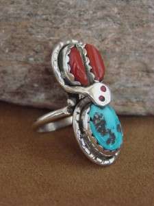 Zuni Indian Effie Calavaza Turquoise Coral Ring Size 6  