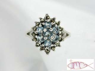 STERLING SILVER Aquamarine Floral Cluster Ring Size 10  