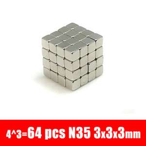 64 Cube Rare Earth Neodymium Magnets N35 3mm x 3mm x3mm  