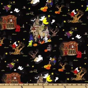  44 Wide Boo Crew Haunted House Black Fabric By The Yard 