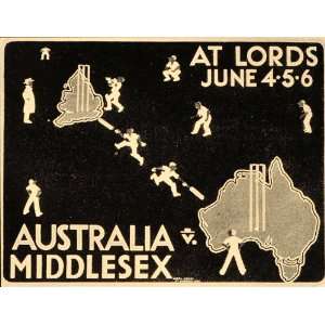  1933 Cricket Match Australia Middlesex Poster B/W Print 