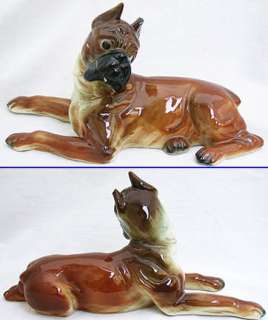 Vintage CERAMIC Collectible Laying FAWN BOXER DOG Large 10 Shiny 