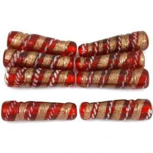  Red & Gold Stripe Lampwork Tube Glass Beads Approx 8Pcs 