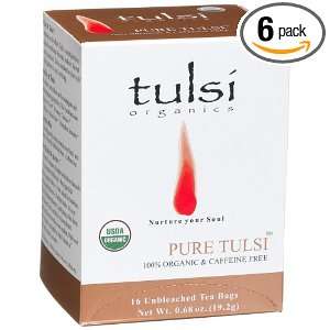 Tulsi Organics Tea, Pure Tulsi, 16 Count Tea Bags (Pack of 6)