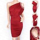 New Red One Shoulder Faux Pearl Evening Pencil Dress M
