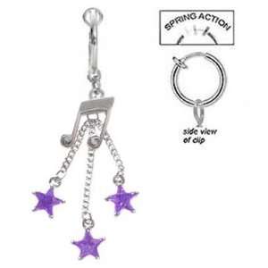   Non Clip on Purple Music Note 3 triple Star long dangle Ring Jewelry