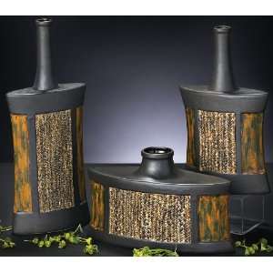  Set of 3 Matte Pewter Ceramic Vases with Rattan Accent 