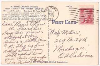 Texas Postcard EL Paso TX Trinity Methodist Church 1958  
