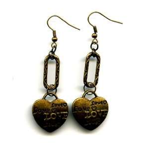  Brass Drop Earrings with Decorative Ovals and Love Heart 
