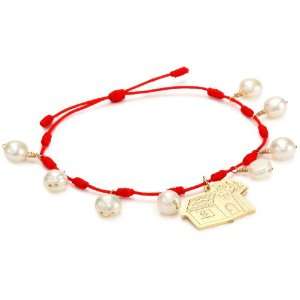   Pearl and House Gold Plated Charm with Adjustable Knott Red Bracelet