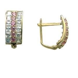  Rose Pink   Bedazzled CZ Shield 14k Yellow Gold Huggie 