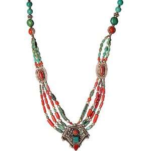  Coral and Turquoise Beaded Necklace from Nepal   Sterling 