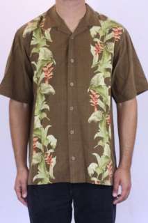 NWT Tommy Bahama Leaf Chaser Floral SS Burled Oak Brown Silk Button 