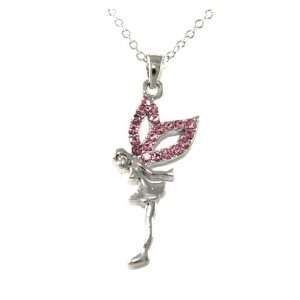   Pink Wing Fairy Bending Over Charm Necklace Silver Tone Jewelry
