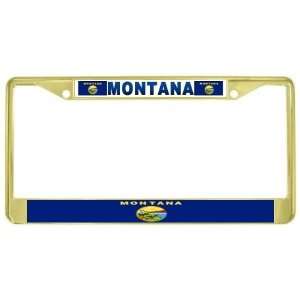  Montana MT State Flag Gold Tone Metal License Plate Frame 