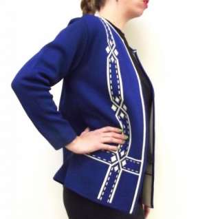 60s Vintage Blue & White Knit Cardigan Sweater sz L Geometric Jacket 