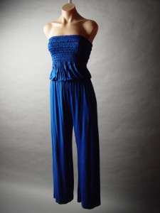 Strapless Smocked Tube Top Casual Jersey Knit Lounge Pant Bold Blue 