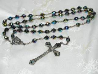 LOVELY IRIDESCENT GLASS BEAD ROSARY WITH BEADED CROSS  