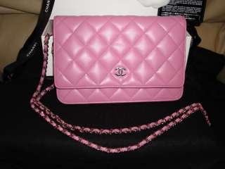 CHANEL Rose Pink Silver Wallet On Chain LAMB Leather WOC Handbag 