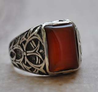 Middle Eastern Turkish style Agate aqeeq sterling Silver Men Ring 