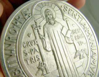 Huge Big Saint St Benedict Silver Pendant Cross Medal Exorcism 
