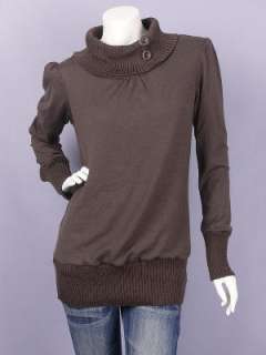 Brown Ribbed Cowl Neckline Long Sleeve Sweater Top M  