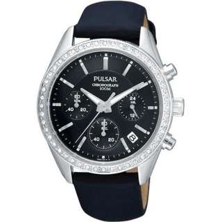 PULSAR WOMEN BLACK LEATHER STRAP&DIAL CHRONOGRAPH CRYSTAL WATCH 