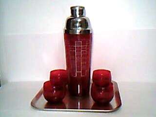 Vintage 1930s Ruby Red Glass Recipe Cocktail Shaker Set w 4 Roly Poly 