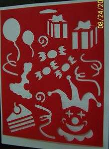 STENCILS ~,BIRTHDAY PARTY, CLOWN,BALLOONS,GIFTS  