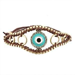 Matte Gold Plated Bracelet with Brown Cord Chinese Knot and Evil Eye 
