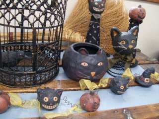 Black Cat Pumpkin Head & Witch Hat Paper Mache Coiled Wire Halloween 