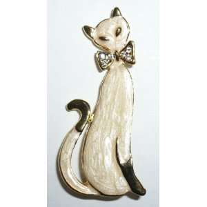 Cream Enamel Cat with Crystal Bow Tie Pin Jewelry