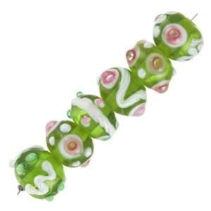  13mm Green with Pink and White Designs Rondelle Lampwork 