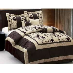  7Pcs King Poppy Mallow Taupe and Coffee Comforter Set 