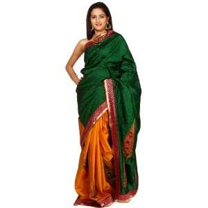 Islamic Green and Mustard Handloom Sari from Banaras with Patch Border 