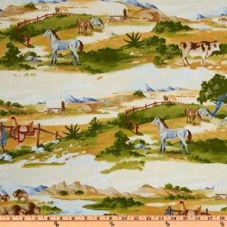 44 Wide Round Up Western Scenic Stripe Gold Fabric By The Yard