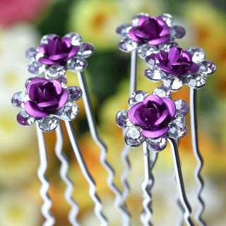 50pc Clear* Crystal Purple Rose Wedding Bridal Hairpins  