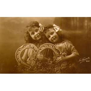  1912 Two Girls with Horseshoes Good Luck PREMIUM POSTCARD 