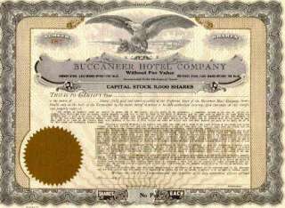BUCCANEER HOTEL stock certificate   Galveston, Texas  