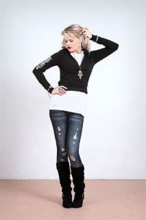 D60 Black,Cotton,Stretch Hoodie with Print on Sleeve with Rhinestones 