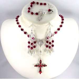 Catholic Wedding Jewelry Crimson crystal rosary set