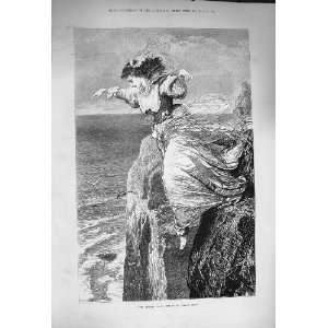    1873 Lovers Leap Young Woman Jumping Off Cliff Sea