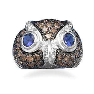  Rhodium Plated CZ Owl Face Ring in Sterling Silver   Size 