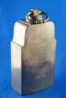   1866 Signed wine flask flat pewter canister engraved chased  