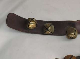 Antique Christmas Brass Sleigh Bells Leather Straps set/2 Old Vtg 