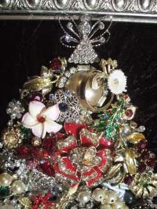   Rhinestone Jewelry Framed Christmas Tree, OOAK, Red, Green & Silver