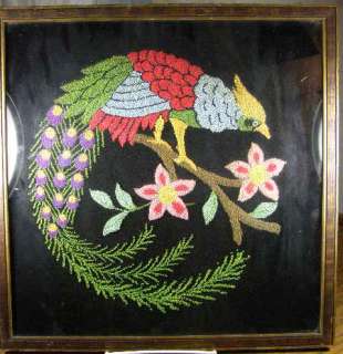 Victorian Framed Punch Needle Embroidery Bird Of Paradise On Velvet 
