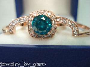 14K ROSE GOLD 1.51 CARAT BLUE & WHITE DIAMONDS ENGAGEMENT RING & BAND 